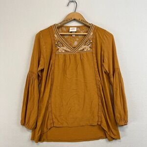 KNOX ROSE Long‎ Sleeve Peasant Blouse Size XS Brown Embroidered Rayon